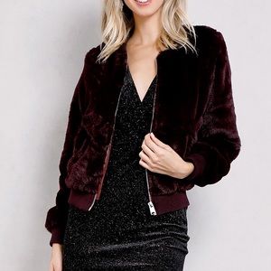Maroon Faux Fur Bomber Jacket